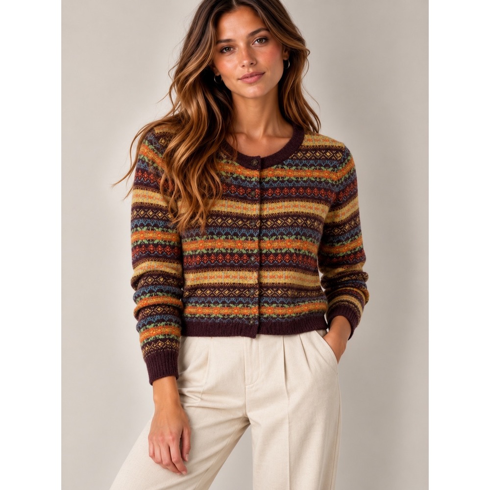 Zara Purple Fair Isle Boho Cropped Fuzzy Knit Button Front Cardigan, Medium